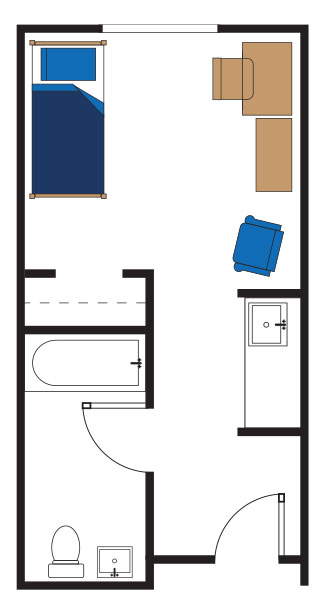 drawing of floor plan for One-bedroom private room in Blue Hall with bed, desk, dresser, and chair. Has a bathroom and sink with counter in room.