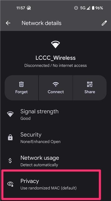Android settings with LCCC_Wireless privacy screenshot