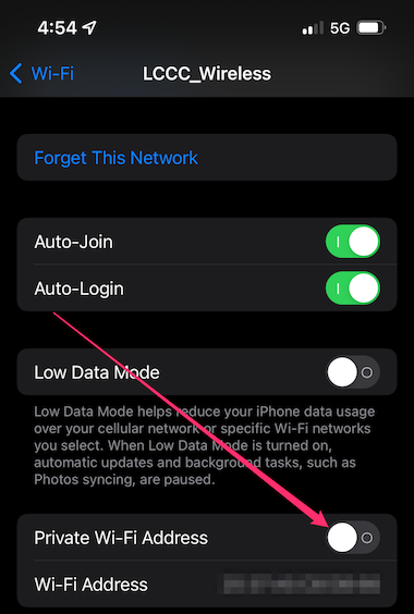 IOS settings for LCCC_Wireless settings with turn on Private wifi address highlighted