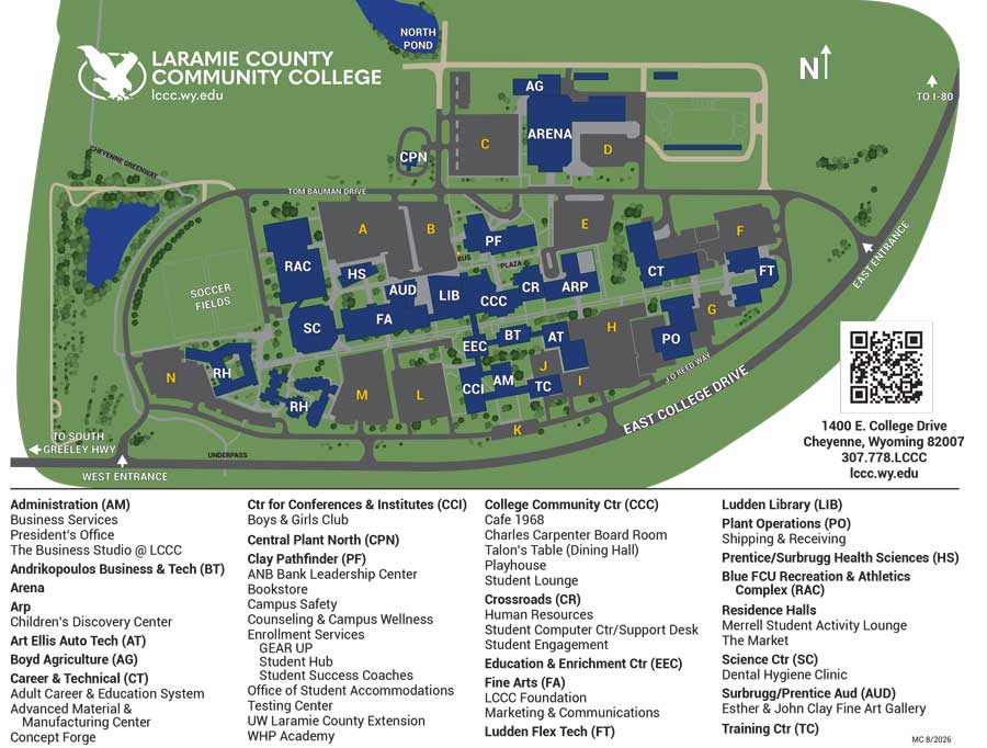 Map of the Laramie County Community College campus in Cheyenne, Wyoming, showing buildings, residence halls, parking lots, roads, athletic fields, entrances and North Pond. A directory below the map lists campus buildings and their abbreviations.