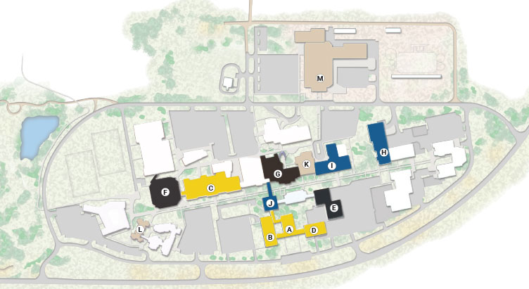 map of the campus with the buildings marked for the exterior renewal plan in the three phases