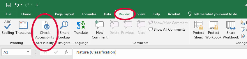 screen shot of excel's review ribbon with the accessibility checker highlighted