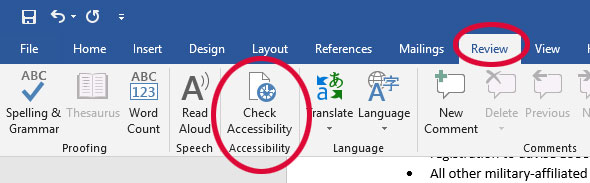 screen shot of the review ribbon in Word with the Accessibility Checker highlighted.