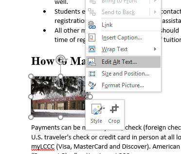 screen shot of right clicking on an image in Word and selecting "edit alt text"