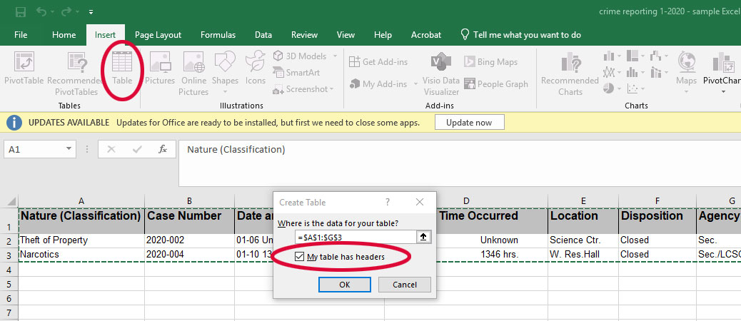 screen shot in excel of how to set header rows unter the insert tab, table icon and then "my table has headers"