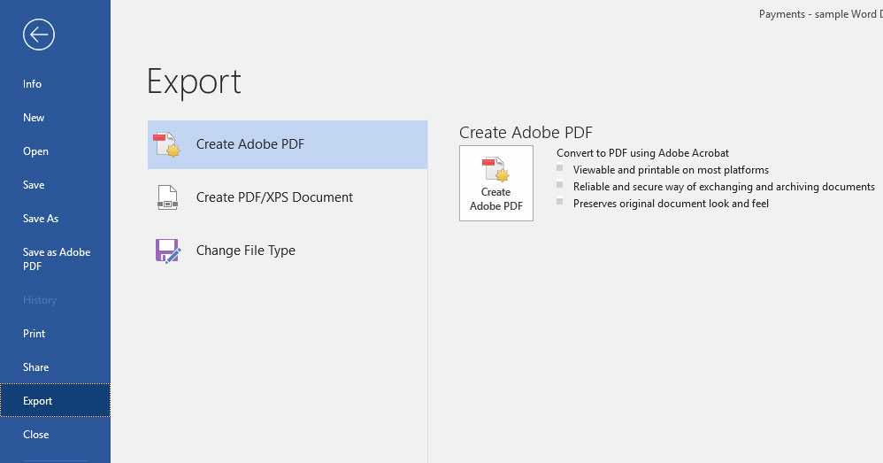 screen shot of export option for creating an adobe PDF.