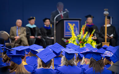 Students listening to keynote speaker during the commencement ceremony