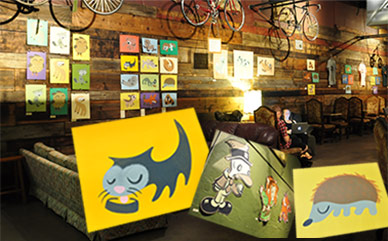 Coffe shop interior with images of Daniel Maw's illustration
