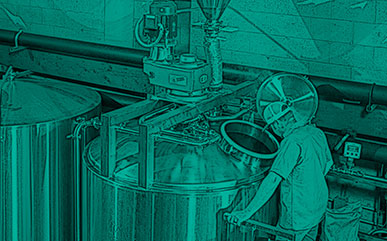 stylized image of a man looking into brewing equipment