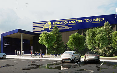 Illustration of front of the remodeled RAC building with signage and new entryway featured. It has cars in the parking lot in front of the building and people walking in front of the building.