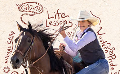 Photo of Rayne Grant riding her horse with words related to rodeo written around her