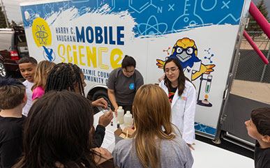 LCCC students in front of the Mobile Science Lab with a group of elementary students