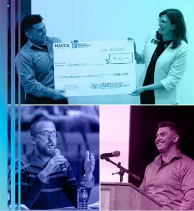 collage of three images: Alejandro holding a big check with Minden Fox, Alehandro speaking at a podium and a judge speaking into a microphone