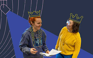 Photo of sisters Adrianna and Aber True with a drawing of crowns on their heads and stage lighting behind them.