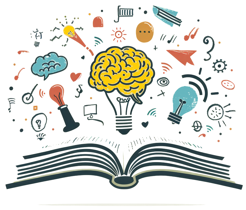 drawing of a book laying open with icons above it like a brain, light bulb and arrows