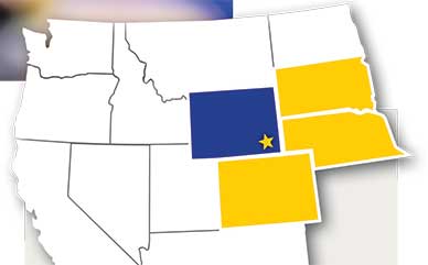 map of Western States with Wyoming, and Cheyenne listed, as well as Colorado, Nebraska and South Dakota
