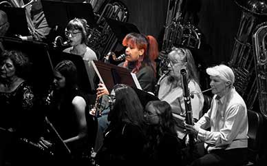 One student highlighted in a group of musicians playing instruments on stage during a concert
