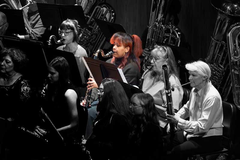 One student highlighted in a group of musicians playing instruments on stage during a concert