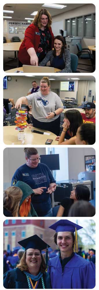 four photos of LCCC Faculty member Carole Boughton teaching in the classroom and standing with a graduate in cap and gown