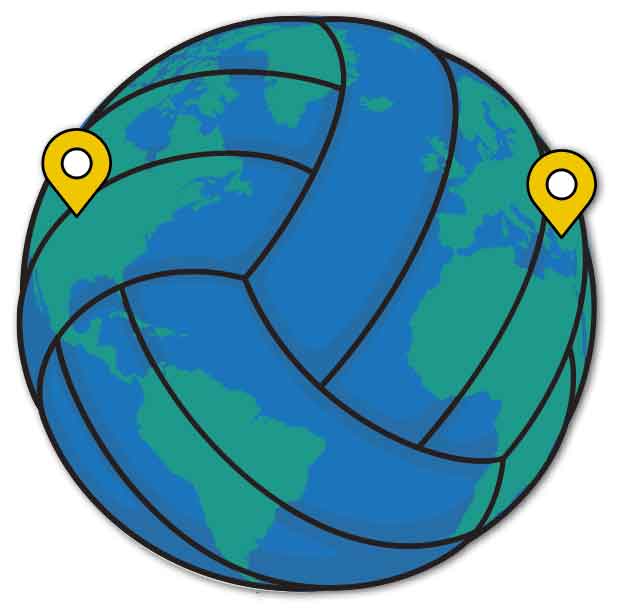volleyball over a globe with the continents and location markers on each side of the globe