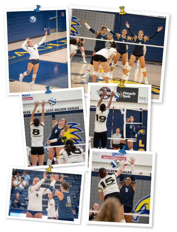 six photos of both Zoe and Lea playing volleyball for LCCC, serving, blocking, hitting and celebrating