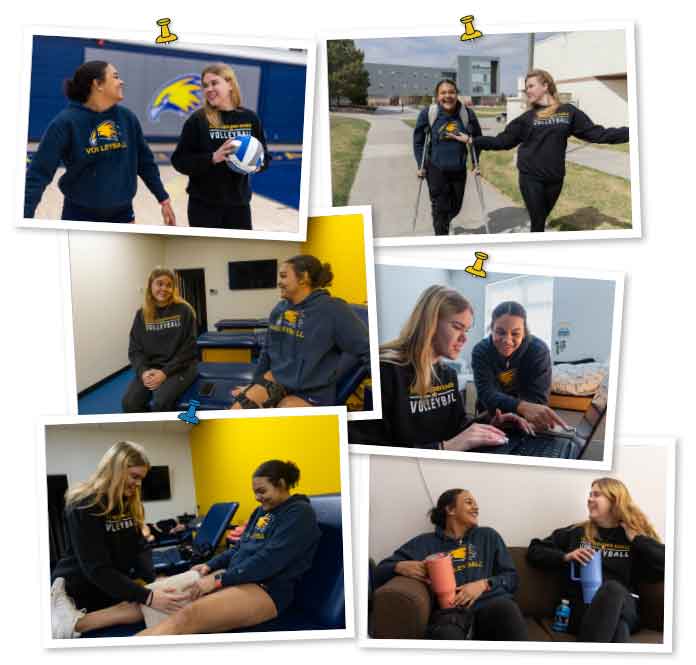 six photos of Lea and Zoe outside of volleyball, three are in the trainer's area, one is with the girls walking across campus with Lea on crutches and two are in their dorm room on the computer together or sitting on the couch together with water bottles