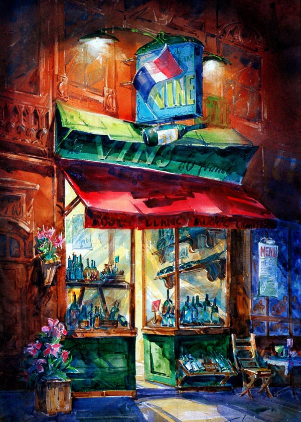 Watercolor painting of wine store by Tom Lynch