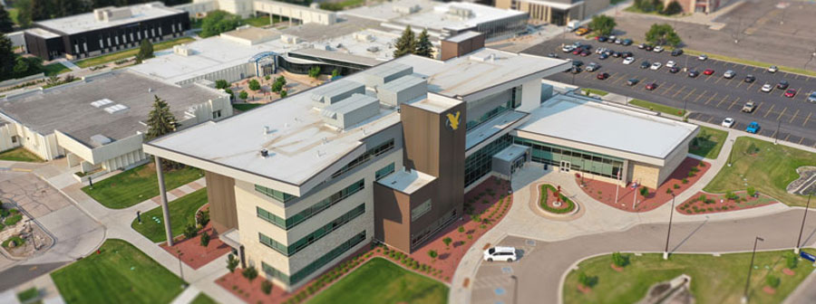 drone view of campus with the Clay Pathfinder Building