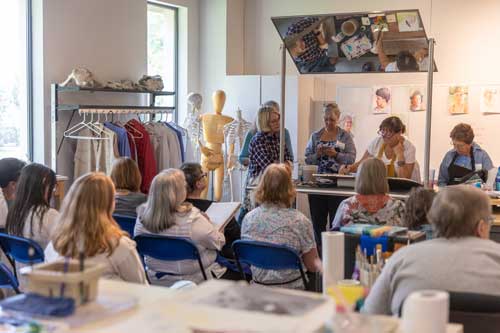 photo of a demonstration during the Clay Watercolor Workshop with the instructor up front with a mirror to show her painting to students