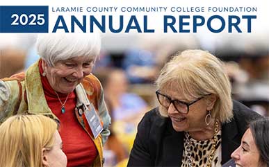 2025 Annual Report Cover with several ladies talking at the scholarship luncheon on it