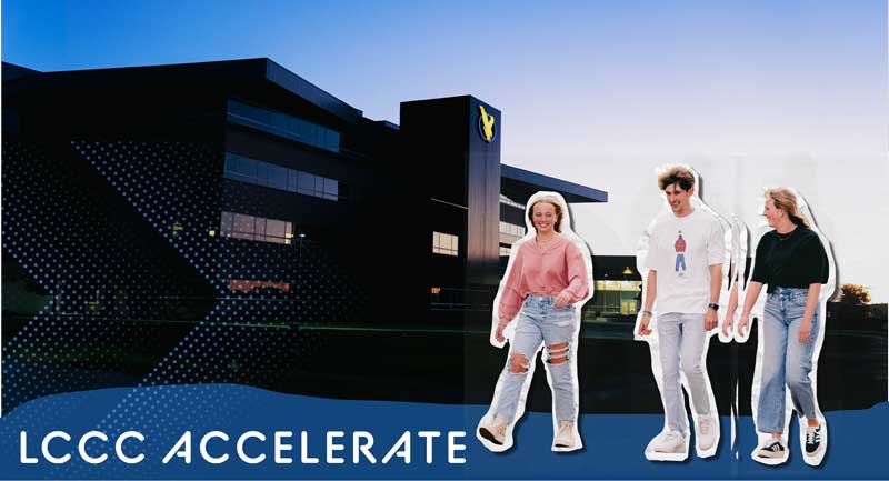 A collage with the front of the Clay Pathfinder Building, three students walking, and "LCCC Accelerate"