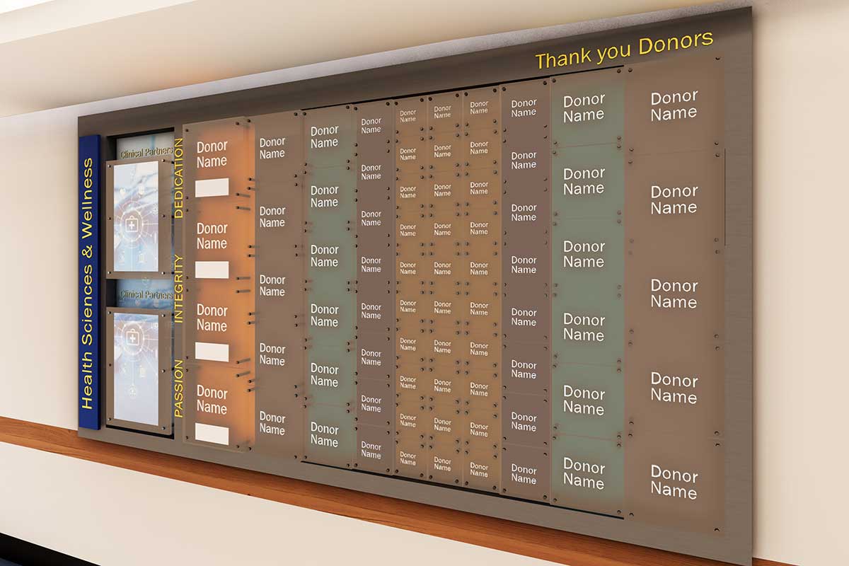 A 3D rendering at an angle of the Health Sciences & Wellness Pathway Donor wall with vertical title and Passion, Integrity, dedication and spaces for donor names in different sizes.