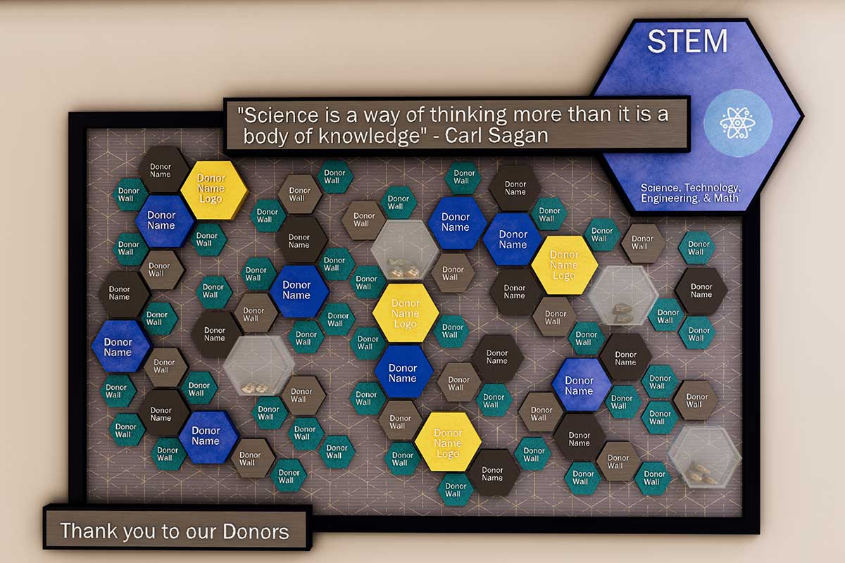 A 3D rendering straight on of the STEM pathway donor wall with hexagons in different sizes with donor names on them.