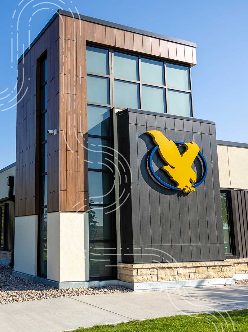 The exterior of the CCI building with the logo