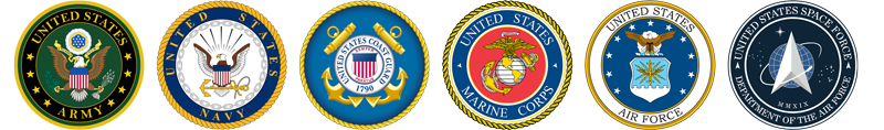 logos for the army, navy, coast guard, marine corps, air force, space force