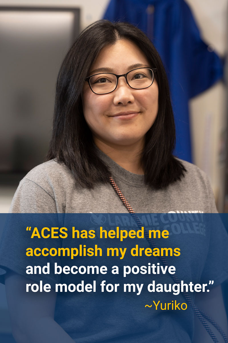 Photo of an ESL student and her quote: "ACES has helped me accomplish my dreams and become a positive role model for my daughter." - Yuriko
