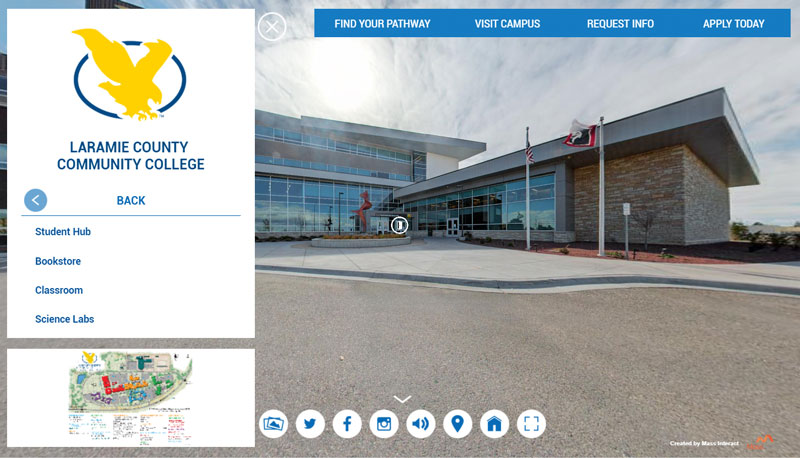 home screen of the LCCC Virtual Tour with the navigation options in the virtual tour