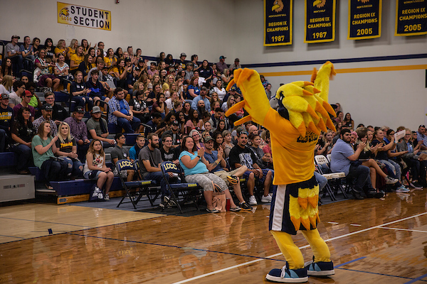 Mascot Talon energizes a group of students in the gymnasium