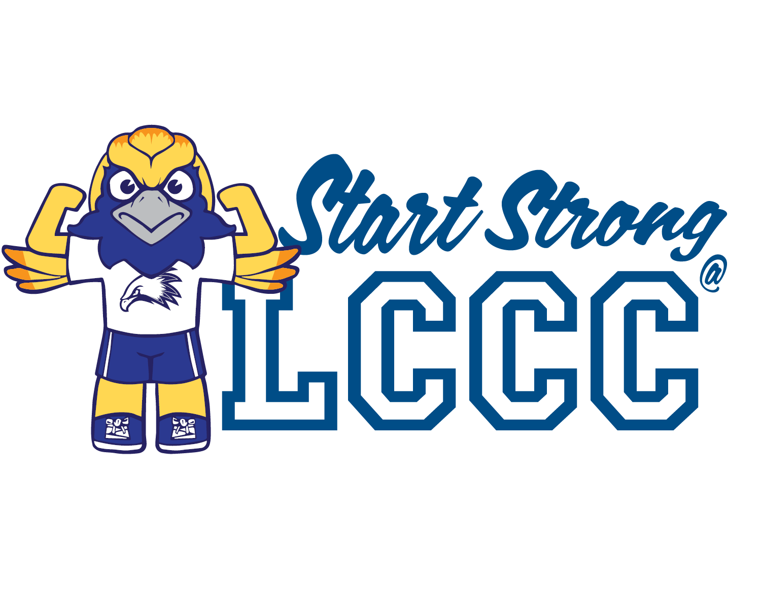 “Graphic of a cartoon eagle mascot flexing its arms, wearing an LCCC shirt and shorts, next to the words ‘Start Strong @ LCCC’ in blue lettering.”