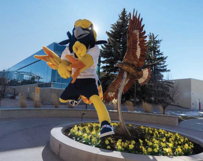 Talon's Open House A large bird mascot character is captured mid-jump above a circular flower bed filled with yellow flowers. The mascot has a black-and-yellow head with a beak, wears a white shirt, dark shorts, and athletic shoes, and extends both arms forward as if playfully posing. Behind the mascot, there is a tall decorative statue of an eagle with its wings spread. The setting appears to be an outdoor plaza with paved walkways, ornamental grasses, trees, and modern buildings with glass and neutral-colored walls under a clear blue sky. Provide your feedback on BizChat