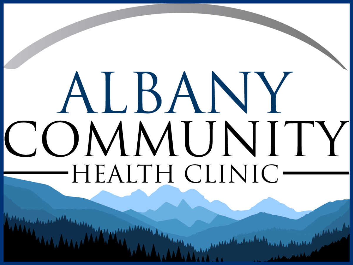 Albany community health clinic logo. Blue mountain range on the bottom, wording in the middle, and an arc over the words.