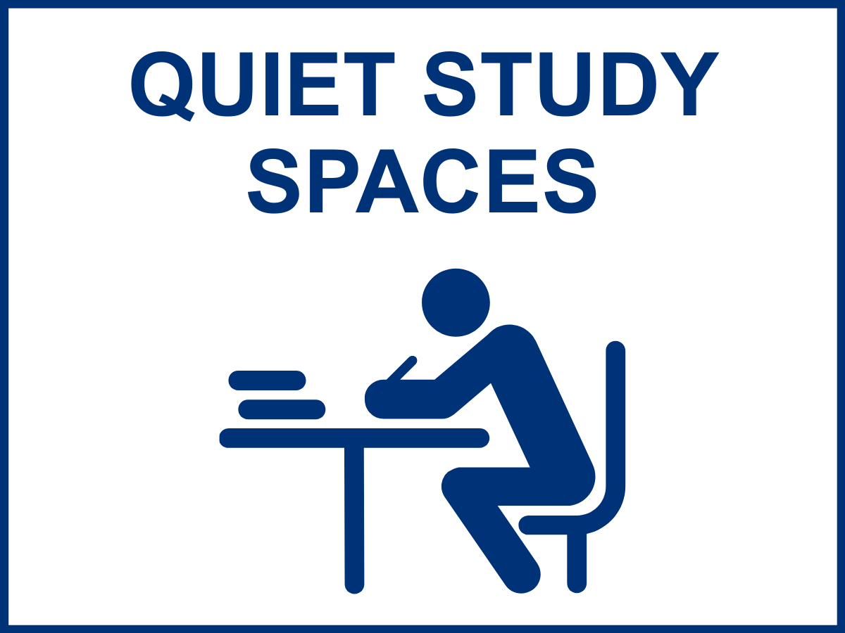 Icon of person studying at a desk with 3 stacked books. Text read quiet study spaces