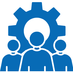 3 people standing in front of a cog wheel to signify workforce development