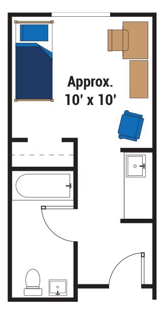 drawing of floor plan for One-bedroom private room in Blue Hall with bed, desk, dresser, and chair. Has a bathroom and sink with counter in room. Approximately 10 ft by 10 ft in the bedroom.