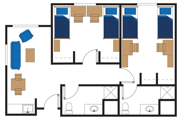 drawing of floor plan for 2-bedroom, 4-bed center with two bedrooms with two beds, desks and dressers in each room. It also has a main living space and two bathrooms.