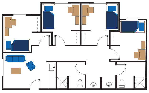 drawing of floor plan for 4 bedroom private with four separate bedrooms. Each room has a bed, desk and dresser in it. There is a common living space and two bathrooms.
