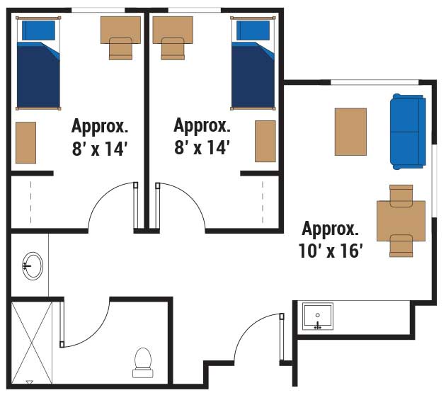 drawing of floor plan for 2 bedroom private with two separate bedrooms with bed, desk and dresser. Also has a main living space and bathroom. Bedrooms are approximately 8 ft by 14 ft and the common area is 10 ft by 16 ft.