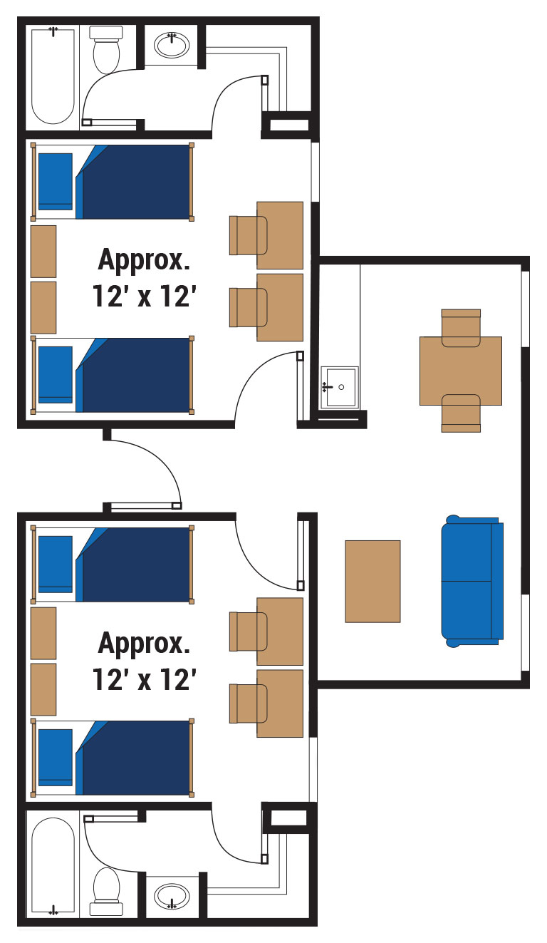 drawing of floor plan for two bedroom private floor plan with joined community space. Rooms are approximately 12 x 12 feet.