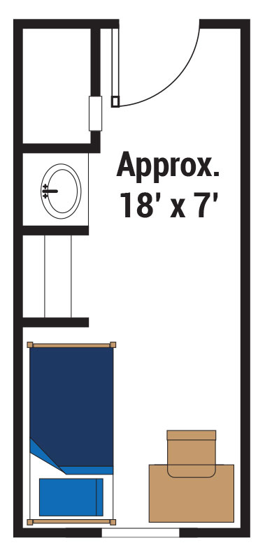 drawing of floor plan for single person dorm room with bed, desk, dresser, and bathroom. Approximately 18 x 7 feet