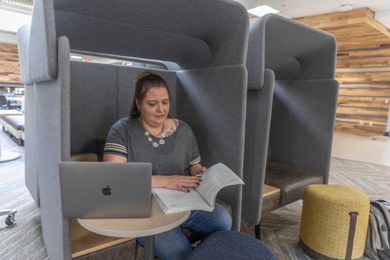 Photo of a student studying in the library on campus